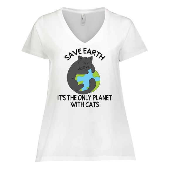 Inktastic Save Earth It's the Only Planet with Cats with Black Cat Women's Plus Size V-Neck T-Shirt