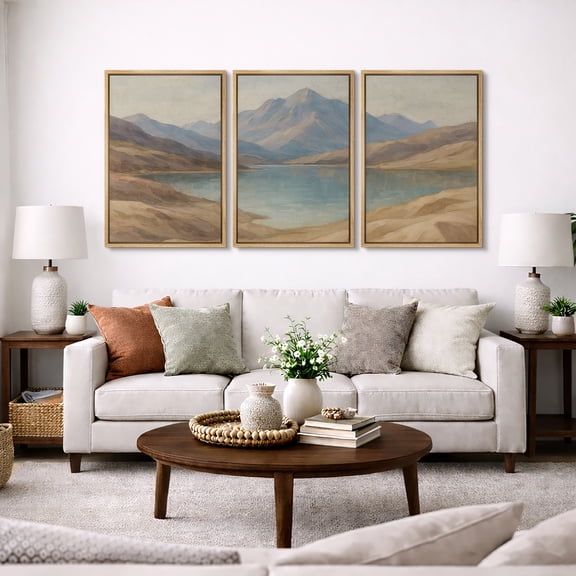 Framed Canvas Print Abstract Mountain Wall Art Set of 3 Modern Decorative for Living Room Bedroom - 16"x24"x3 NATURAL