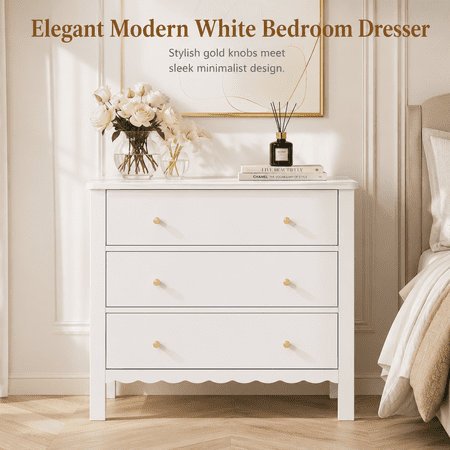 White 3 Drawer Dresser, MDF Chest of Drawers for Bedroom, 27.6 in