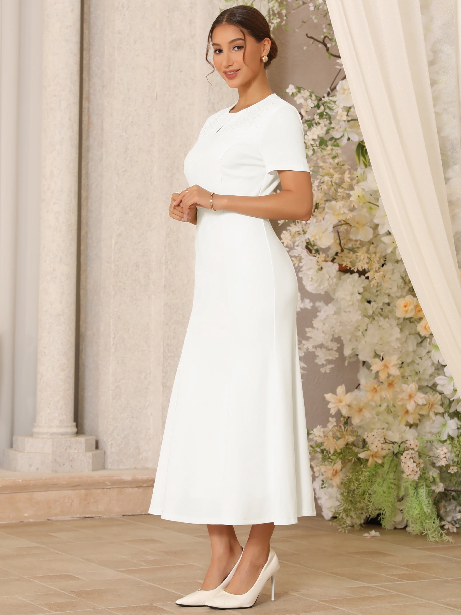 DARING DIVA Women's Lace Embroidered Crewneck Midi Dress for Wedding M White