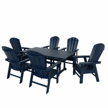 WestinTrends Malibu 7 Piece Adirondack Outdoor Dining Set, All Weather Poly Lumber Patio Table and Chairs Furniture Set, 71" Trestle Dining Table and 6 Adirondack Dining Chair, Navy Blue
