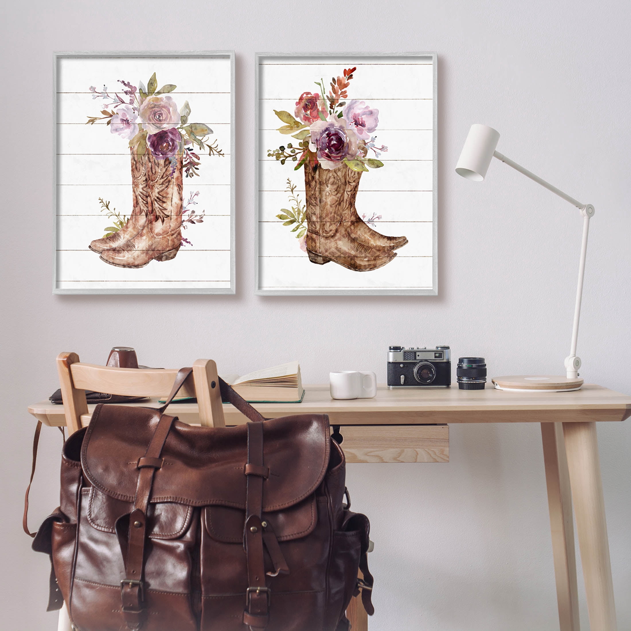 Stupell Industries Country Floral Boho Boots Graphic Art Gray Framed Art Print Wall Art, Set of 2, Design by Nina Blue