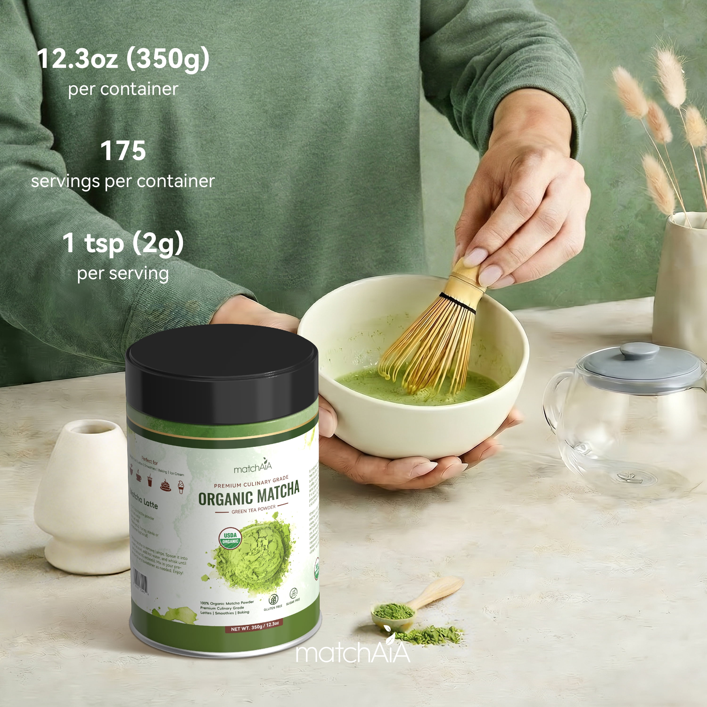 MatchAiA Organic Matcha Powder, Premium Culinary Grade, 350g/12.3oz, USDA Certified, 100% Pure, Perfect for Lattes, Smoothies, Desserts and Baking, Sugar Free, Gluten Free