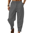 thumbnail image 1 of MAWCLOS Mens Trousers Elastic Waist Linen Pants Solid Color Summer Pant Fitted Jogger Drawstring Bottoms Dark Gray S, 1 of 2