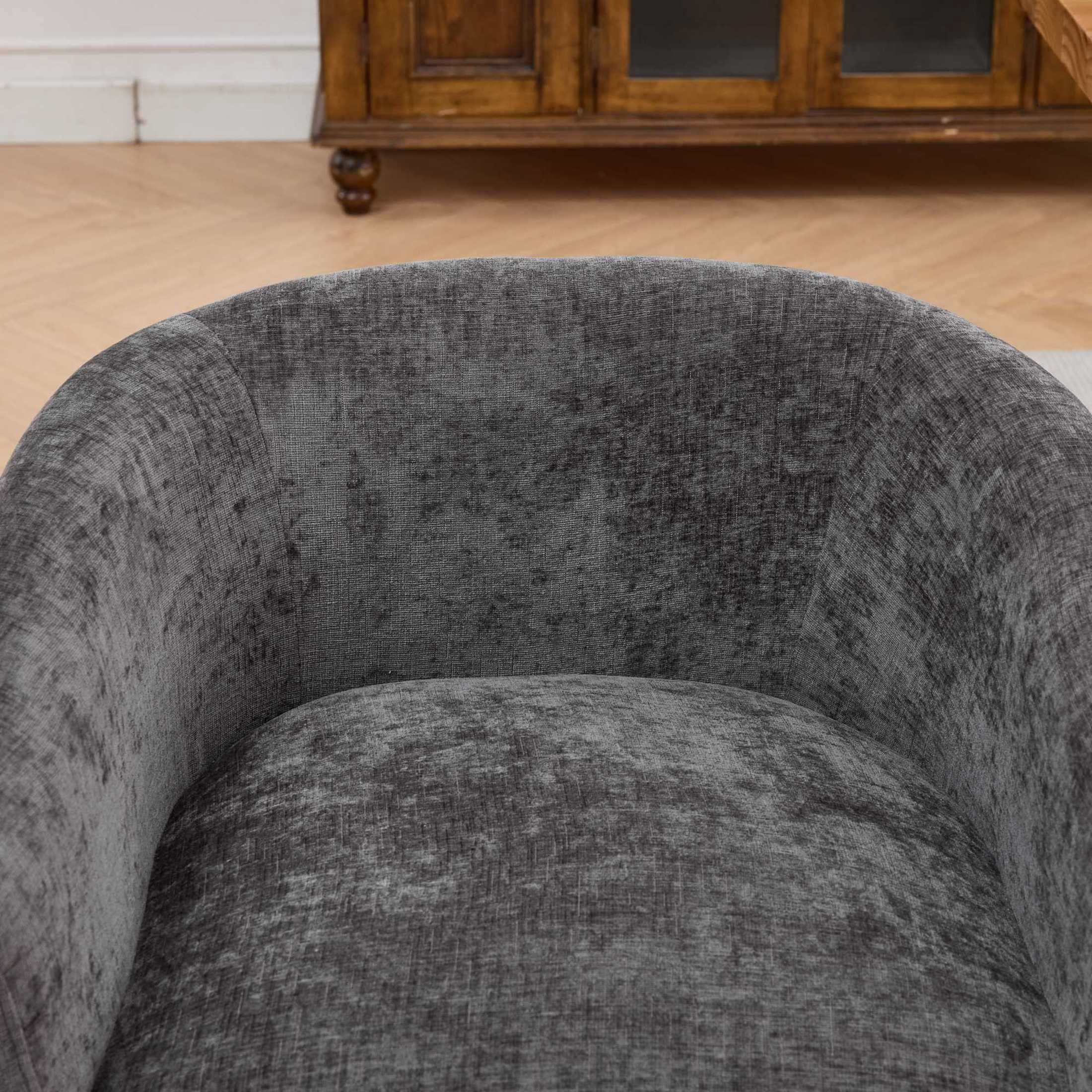 Noble House Barrel Dining Chair with Arms, Chenille Upholstery, Rubberwood Frame, Gray