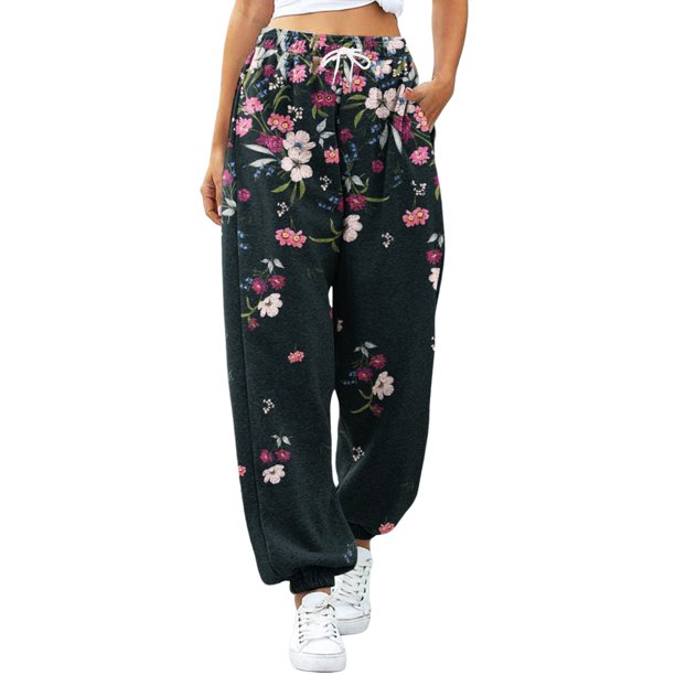 Gibobby Pantalones para mujer cintura alta para el frío Pantalones para mujer Cómodos pantalones de chándal con estampado en la parte inferior Bolsillos Cintura alta(Negro,M)