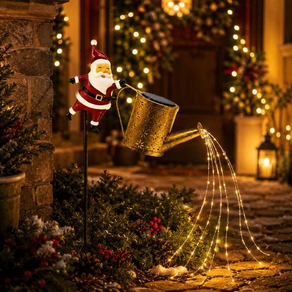 LUMIARTISAN Solar Santa Watering Can Light 32in Christmas Garden Stake Decor