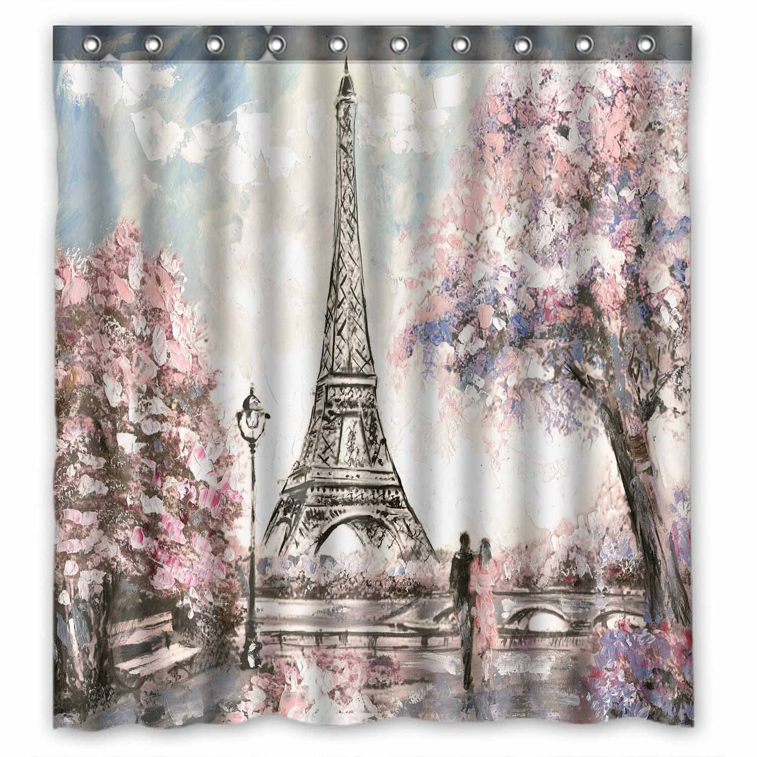 Eiffel Tower With Cherry Blossoms Fabric Bathroom Shower Curtain Waterproof 
