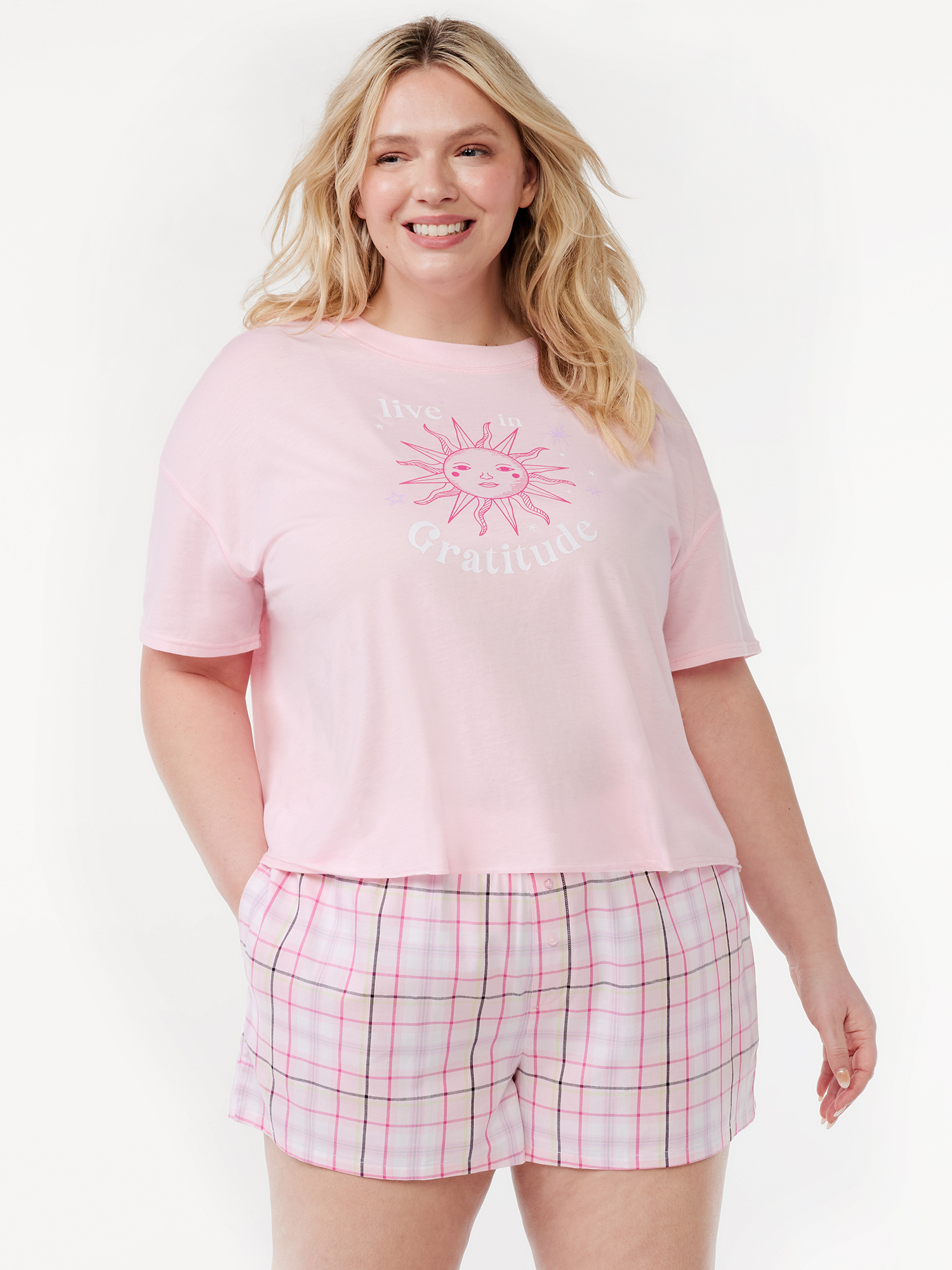 Joyspun Women's Short Sleeve Tee and Boxer Shorts Pajama Set, Sizes S