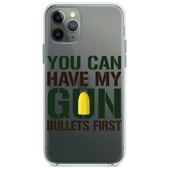 DistinctInk Clear Shockproof Hybrid Case for iPhone 11 (6.1" Screen) - TPU Bumper Acrylic Back Tempered Glass Screen Protector - You Can Have My Gun. Bullets First