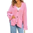 thumbnail image 2 of Women Chunky Knit Sweater Long Sleeve V Neck Button Up Cardigan with Pocket Coat for Fall and Winter Pink L, 2 of 9