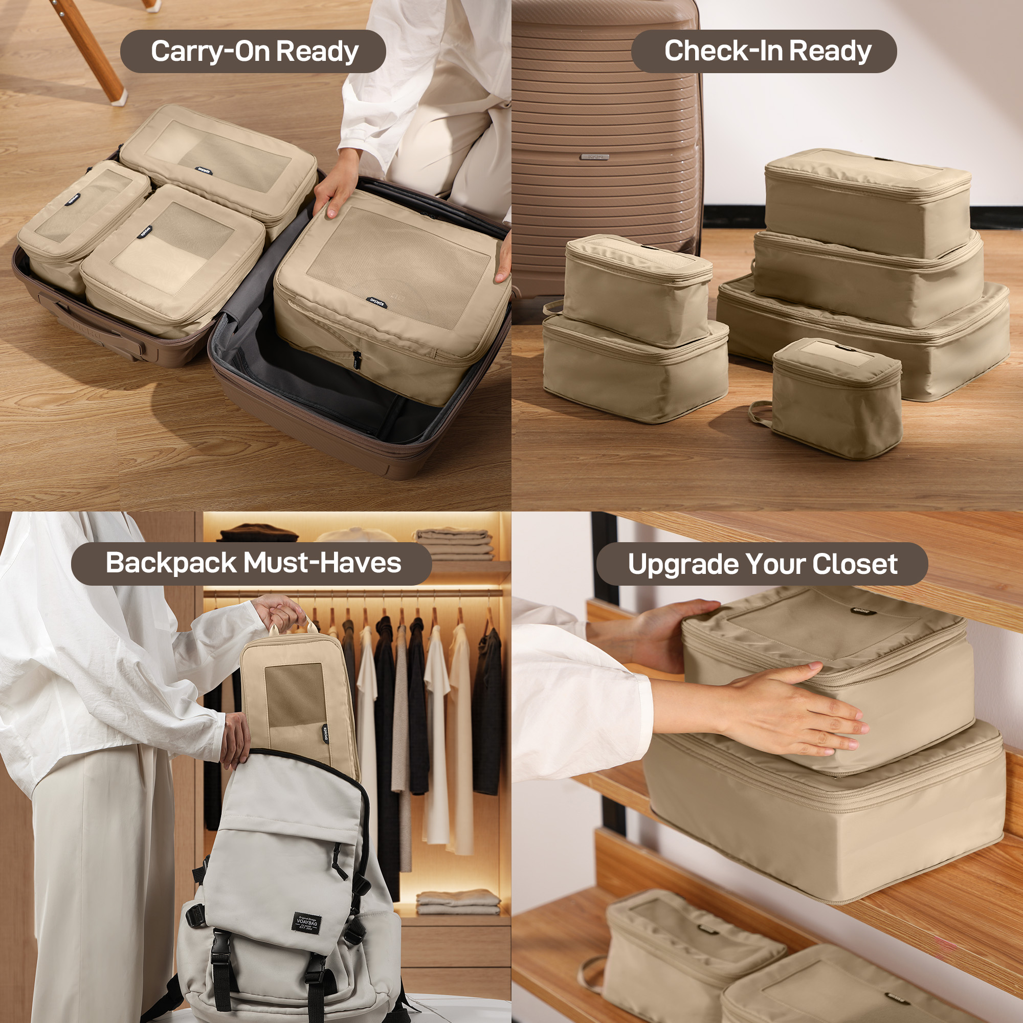 EPICKA TripCozy Compression Packing Cubes - 4 Set Durable Travel Organizer Bags with Mesh Top for Carry on (Kahki)