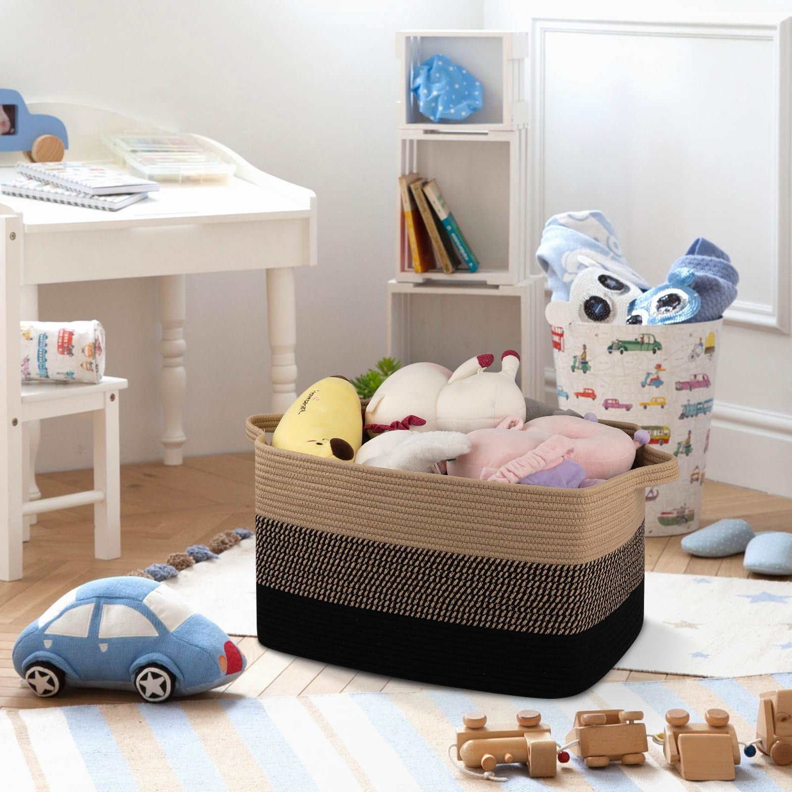 Extra Large Blanket Basket, 95L Woven Storage Basket, Cotton Rope Toy Bin for Baby Room, Container for Storage in Living Room, 24''×17''×14'', Black & White