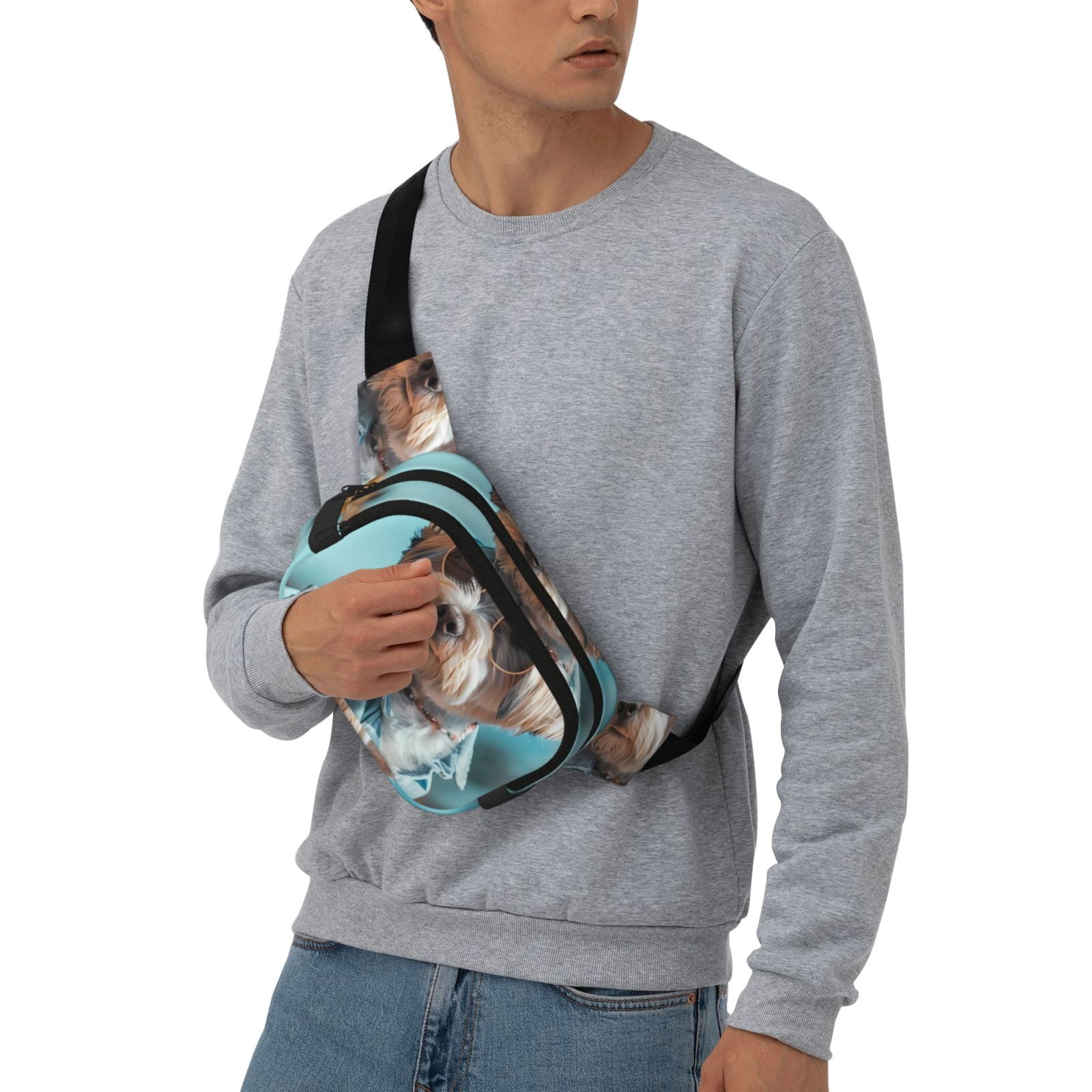 Picia Stylish Dog in Denim Outfit Print Square Double-Layer Waist Bag Mini Adjustable Waist Belt Bag Exercise Running Travel Hiking