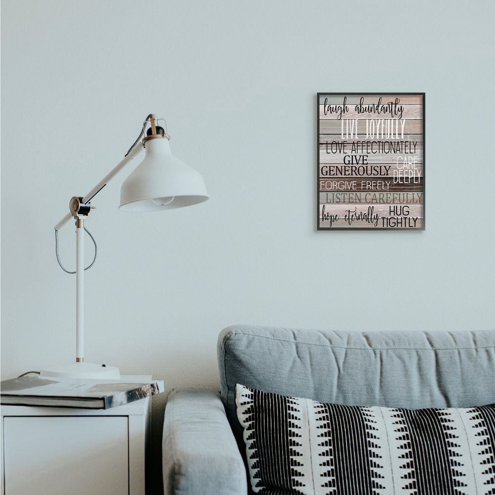 Stupell Industries Live Joyfully Phrases on Wood Grain Brown Tan Teal Framed Wall Art Design by Kim Allen, 11" x 14", Black Framed