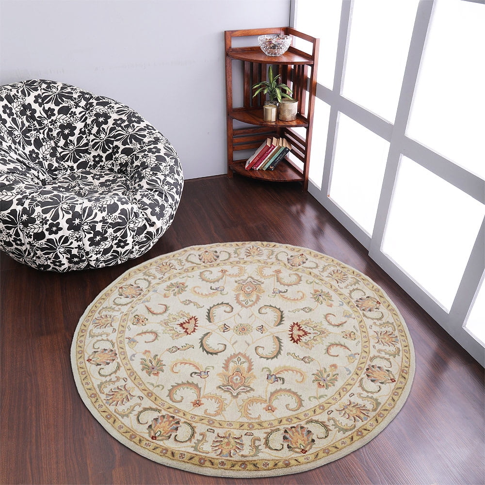Floral Traditional Oriental Area Rug Hand-tufted BEIGE Wool Carpet 8'x8' Round 