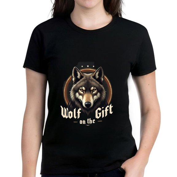 Stylish Cotton Short Sleeve T-Shirt with Graphic Wolf Head Design & Stars - " Wolf on the Gift " - Casual Wear