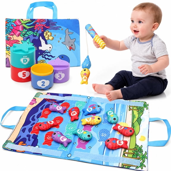 Montessori Toys for 1 Year Old Boys Girls, Cloth Fishing Game, Learning Toys for Toddlers 1-3, Sorting Learning Toy with Stacking Cups, Sensory Toy for 6-12 Months