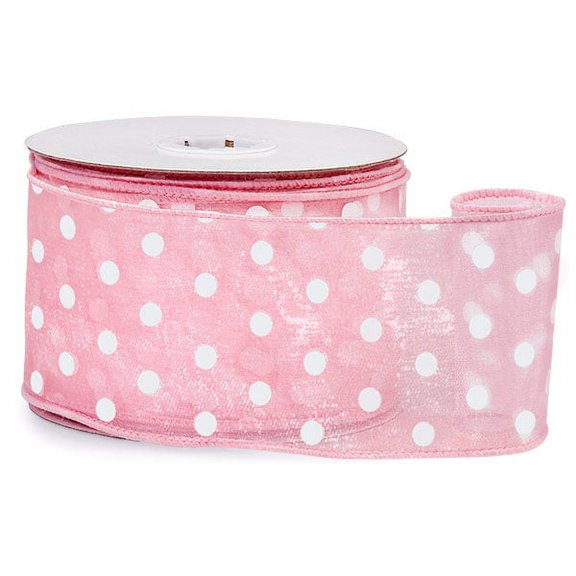 Pink with White Polka Dots Sheer Wired Ribbon, 2-1/2"x25 yards