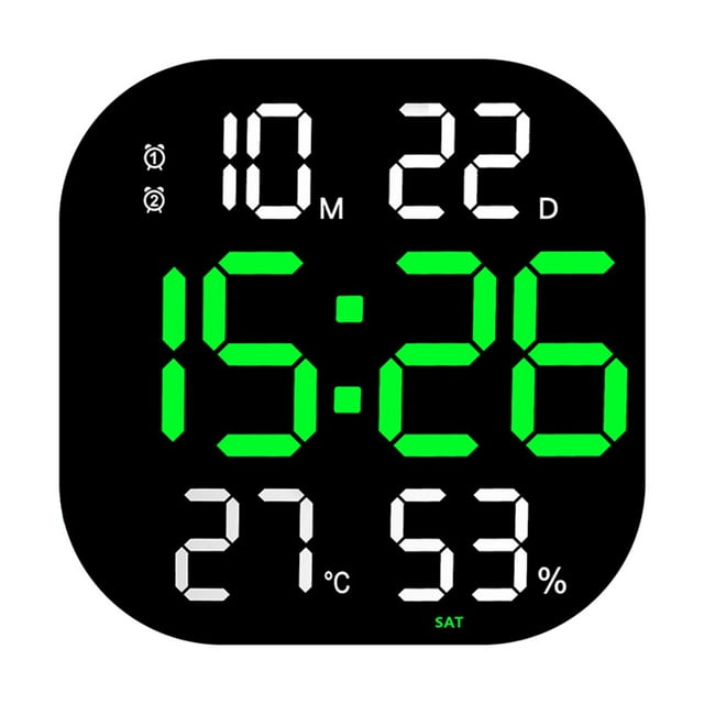 veasfak Digital Wall Clock Adjustable Brightness Temp Date Week Display Electronic Alarm Green