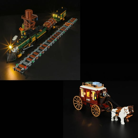 Funwhole Wild West Freight Train Lighting Building-Bricks Set & Western Stagecoach Lighting Building-Bricks Set