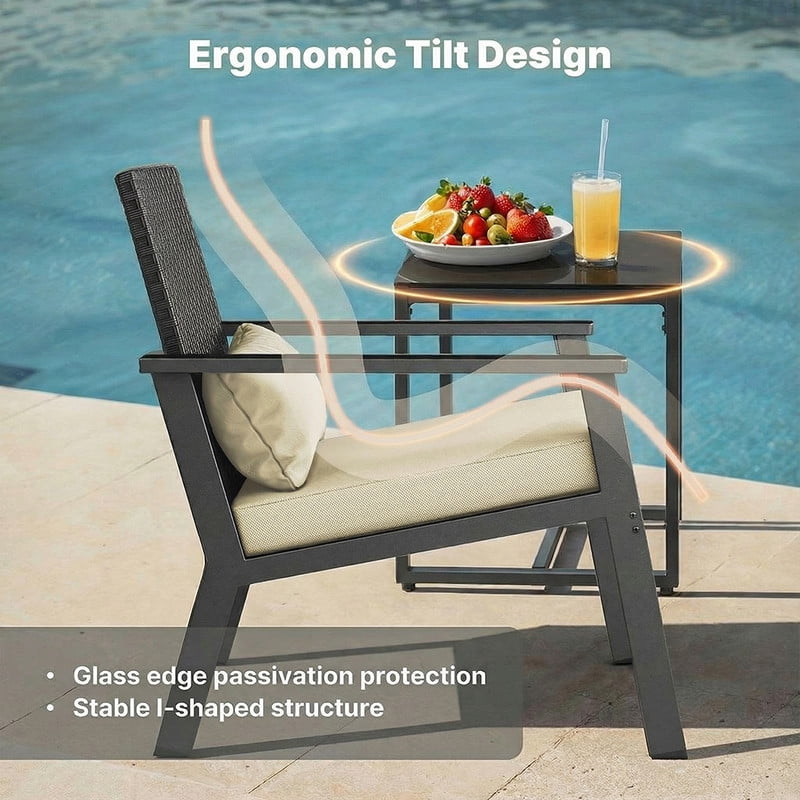3-Piece Wicker Outdoor Patio Furniture Set with Glass Table, Ergonomic Chairs for Balcony, Porch, Garden & Poolside, Beige