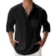 thumbnail image 1 of Camisas Para Hombre Manga Larga Camisa de manga larga con bolsillo de color sólido y cuello suelto para primavera y verano para hombre (Black, 4XL), 1 of 5