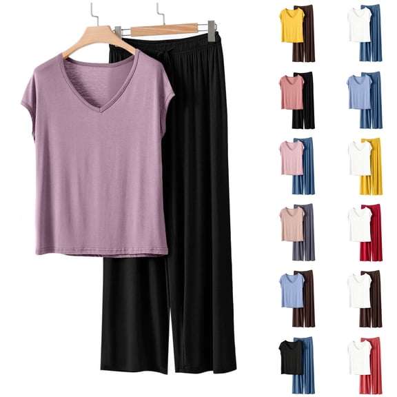 HBGVBA Women's 2 Piece Pajama Set Matching V Neck Short Sleeve Tops and Loose Long Pants Sleepwear Casual Soft Loungewear Outfits