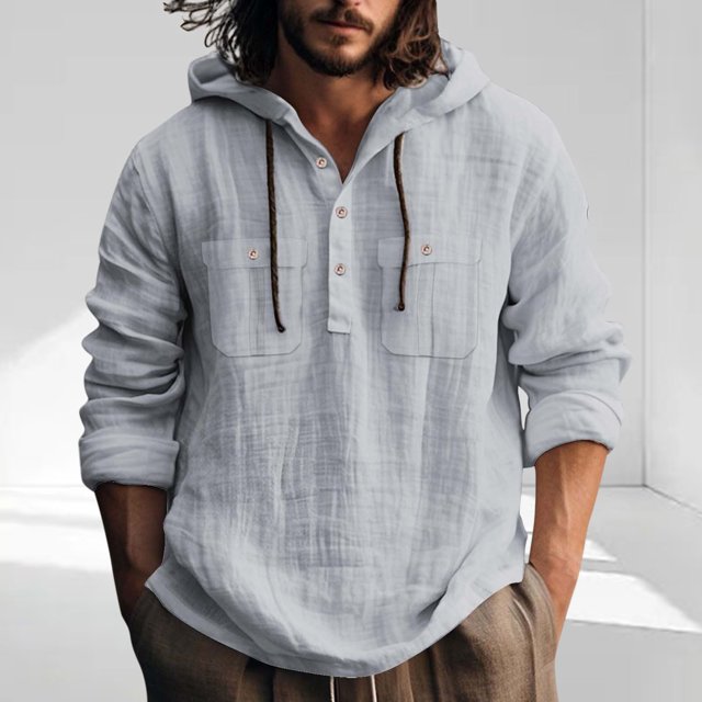 pstuiky camisetas de manga larga para hombre, Camisa informal de manga larga con capucha y bolsillo de color liso para hombre Tops de hombre m