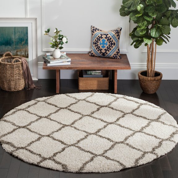 SAFAVIEH Hudson Aline Geometric Shag Area Rug, Ivory/Grey, 7' x 7' Round