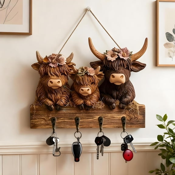 Tupukom Key Holder Wall Mount Highland Cow 2D Flat Animal Wooden Towel Key Hooks, Wall Coat Hanger Hooks with 4 Hooks, Decorative Coat Rack for Entryway Hallway Bathroom