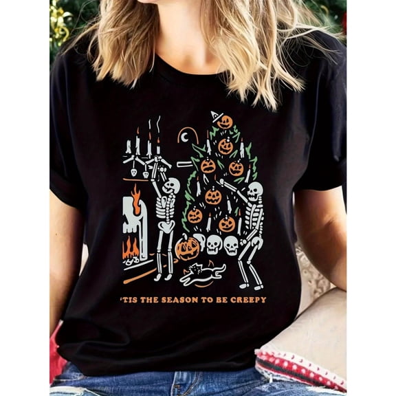 Halloween Trendy Scary Skull Pumpkin Graphic for Holidays Tee T Shirt Top Short Sleeve Round Neck Black S-5XL