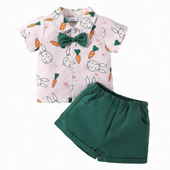 Kaprioy My First Easter Baby Boy Outfit Boys Eeaster Outfit Bunny Print Button Up Shirt Top with Bow Tie Shorts Suits Set Summer Clothes Easter Shorts Set
