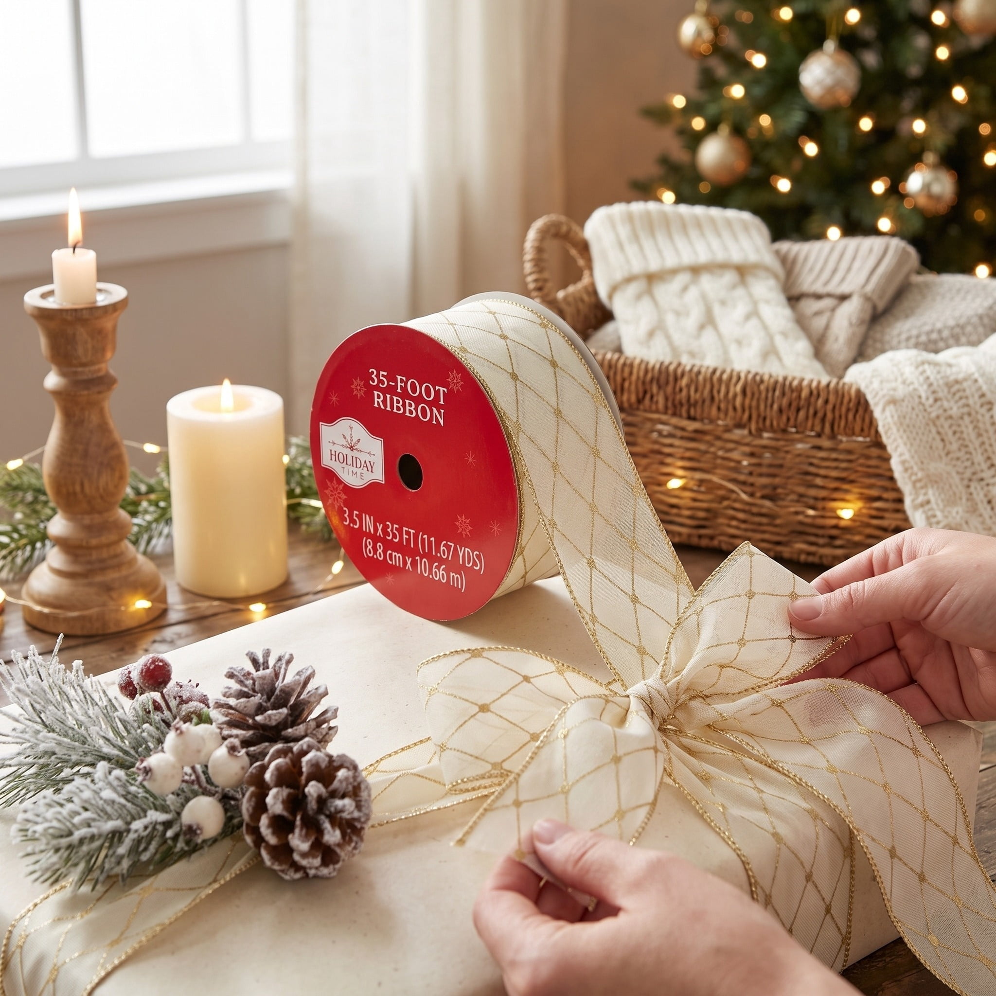 Gold Lattice Christmas Ribbon, 3.5" x 35', by Holiday Time