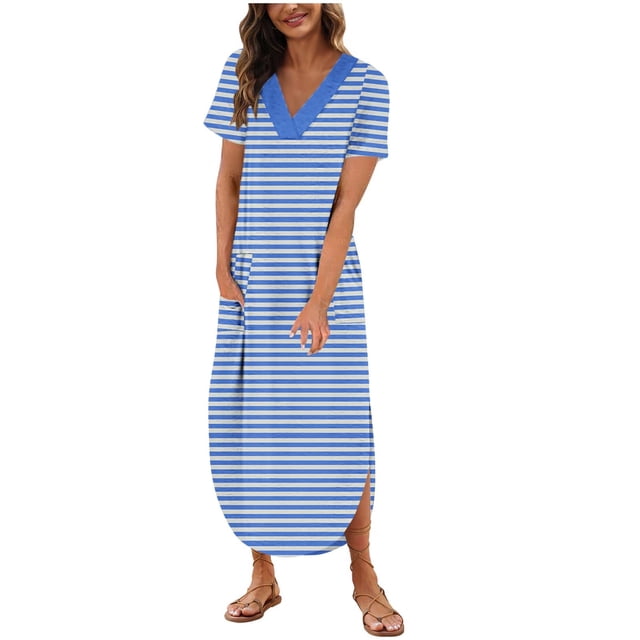 FAIWAD Robe T-Shirt d'Été pour Femme Décontractée à Manches Courtes Ourlet Arrondi Col en V Rayée Robes Maxi Robe Bohème