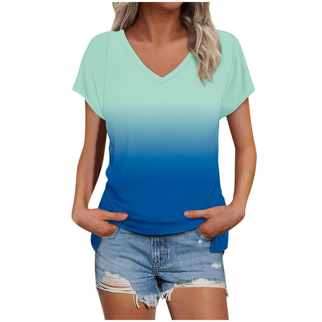 Plebaso T-Shirts à Dégradé de Couleurs pour Femmes, Décontractés, Col en V, Tuniques Amples, Manches Courtes, T-Shirts Mode, Blouses