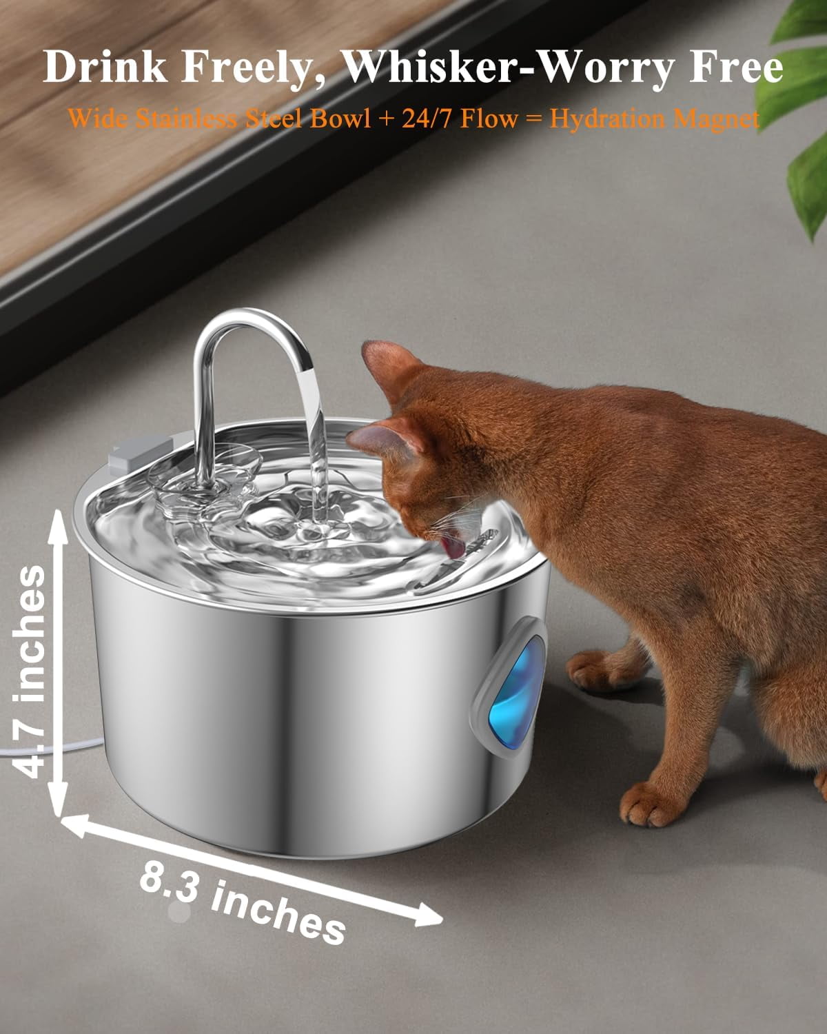 Stainless Steel Pet Water Fountain with LED Level Window, 3.2L Automatic Dispenser and Filters for Cats