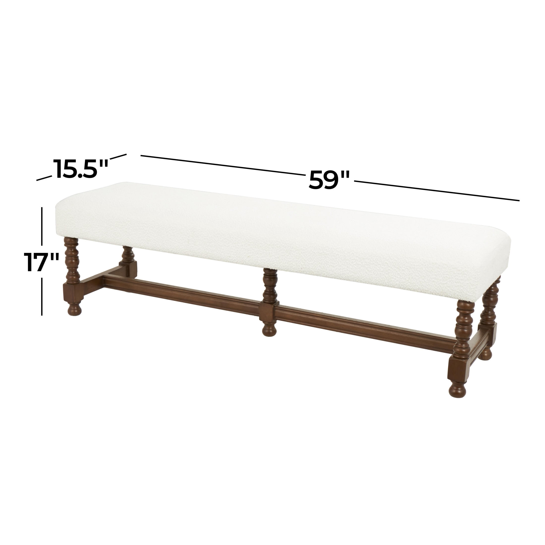 DecMode Fabric Bench with Brown Traditional Wood Turned Legs, Cream