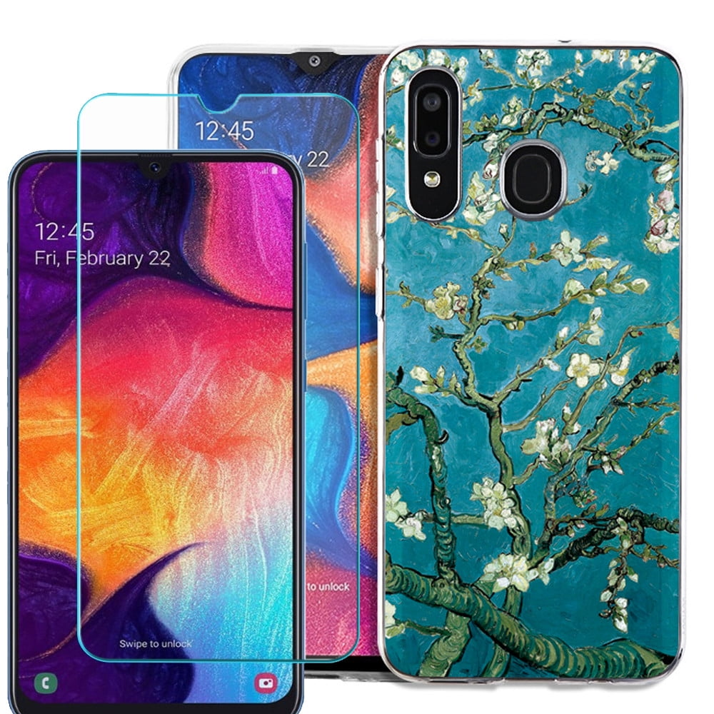 For Samsung Galaxy A20 Phone Case , Slim-Fit TPU Case with Tempered Glass Screen Protector, by OneToughShield ® - Almond Blossom