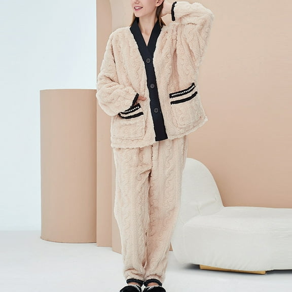 Dyfzdhu Womens Pajama Sets Couples Button Warm Winter Flannel Pajamas Set Long Sleeve Long Pant