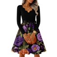 thumbnail image 4 of Women's Halloween Dress Pumpkin Printed Long Sleeve Casual Swing Dress Candy Hepburn V-Neck Novelty Tea Length Dress with Belt S, 4 of 5