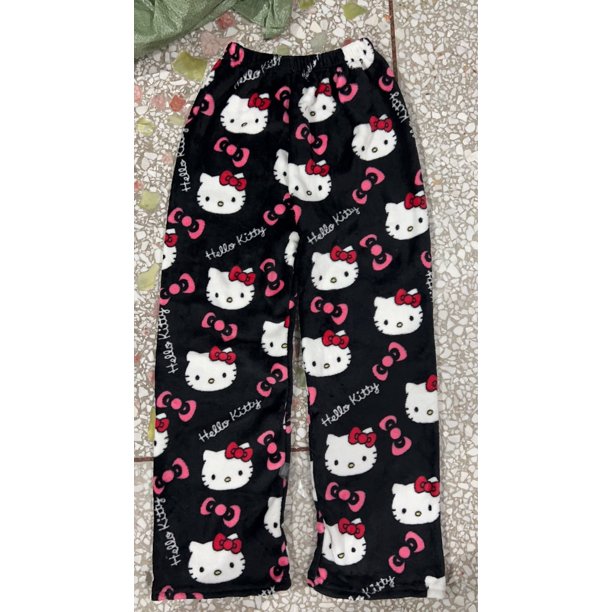 Pijamas de franela de gato KT de dibujos animados para mujer, ropa gruesa de otoño e invierno, pantalones de Casa informales cálidos de terciopelo, comercio exterior