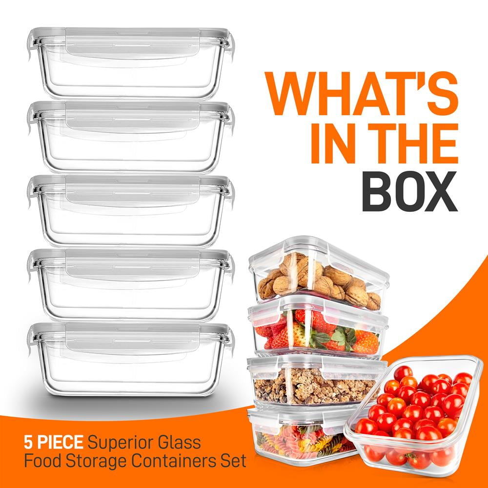 NutriChef 10-Piece Glass Food Containers - Stackable Superior Glass Meal-prep Storage, (Gray)