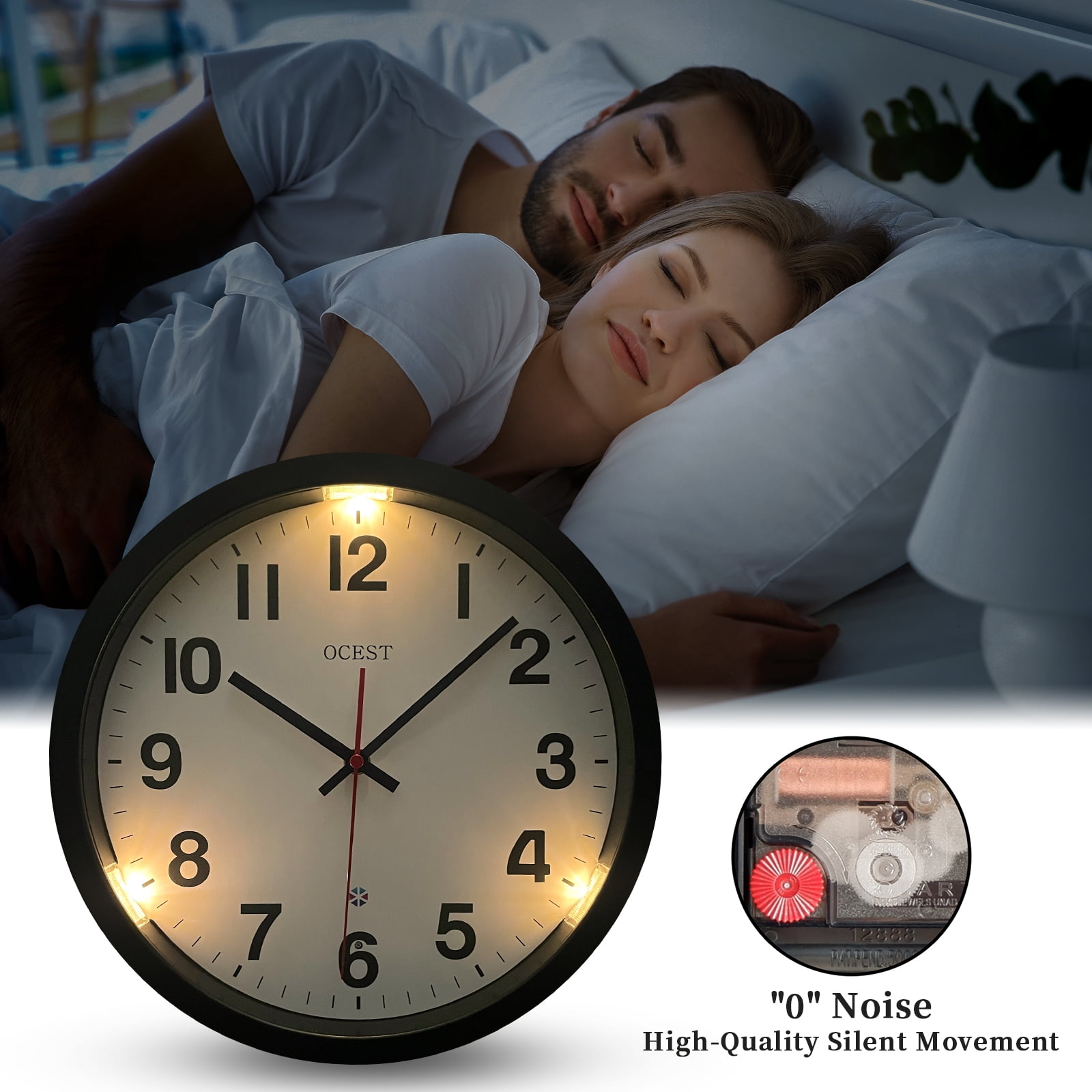 eYotto 12 Inch Silent Glow Clock with Night Light, in the Dark Wall Clock, Lighted up Wall Clock for Bedroom, Large Display Clock for Living Room Kitchen