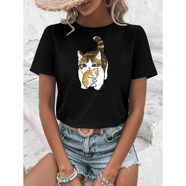T-Shirt Décontracté à Manches Courtes pour Femmes avec Imprimé Graphique de Chat et Chien, Mode Été/automne/printemps, Coton Tricoté, Col Rond, Tissu Extensible, Motif Animal, Plusieurs Couleurs Disponibles