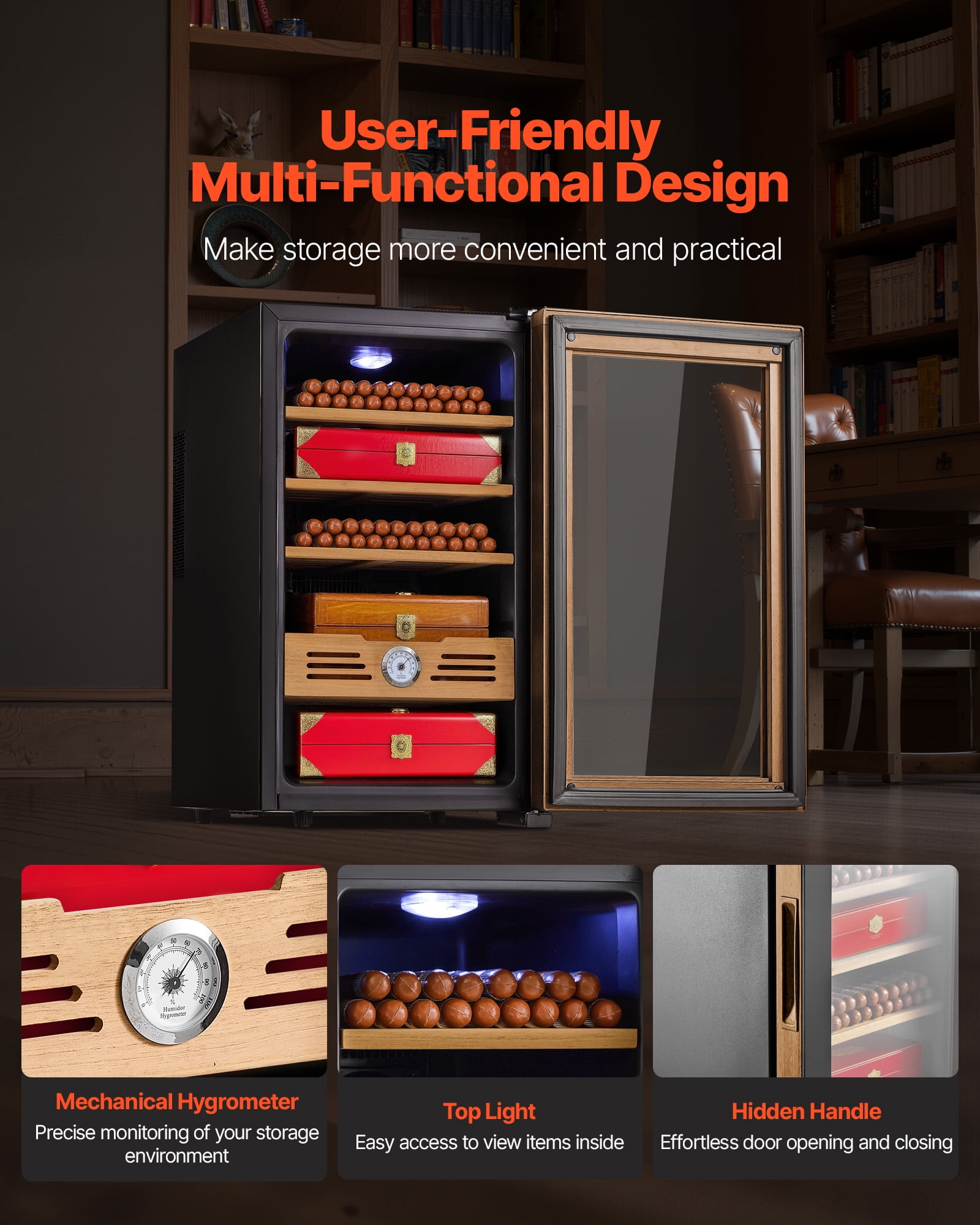 VEVOR Electric Humidor, 48L, 350 Counts Electric Cigar Humidor Cabinet with Cooling Temperature Control, Spanish Cedar Wood Shelves & Drawers, Mechanical Hygrometer, 4 Layers, Cooler for Household