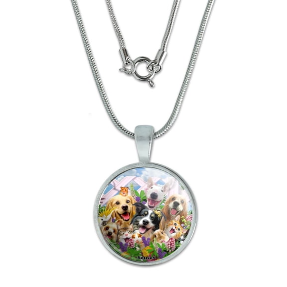 Backyard Animal Pals Selfie Dogs Cats Hamster Frog 0.75" Pendant with Sterling Silver Plated Chain
