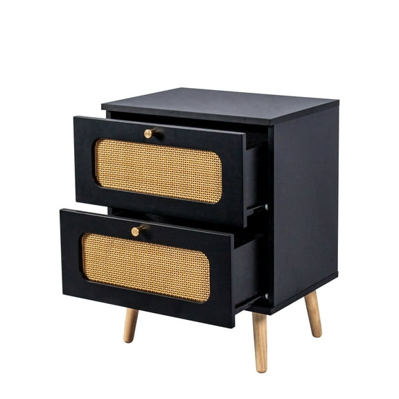 Knubmt 2 Rattan Drawer Nightstand with Handle, Wood Beside Table for Bedroom, Living Room