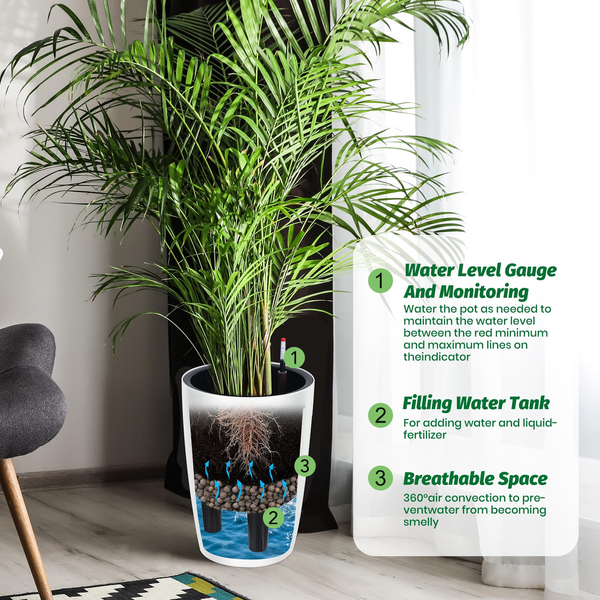 Memoryfield 16" Tall Self-Watering Planter Set 2, Large Plastic Flower Pots with Water Level Gauge, Drainage & Built-in Handle for Indoor Outdoor, White