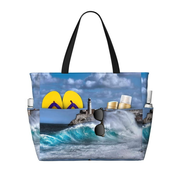 Fotbe Lighthouse in Havana Bolsa de Viaje para Playa - Resistente al Agua, Bolsa Tote de Gran Capacidad y Ligera con 7 Bolsillos para Mujeres y Hombres